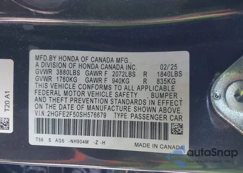 2025 Honda Civic Sport z USA, uszkodzony, nr VIN 2HGFE2F50SH576679